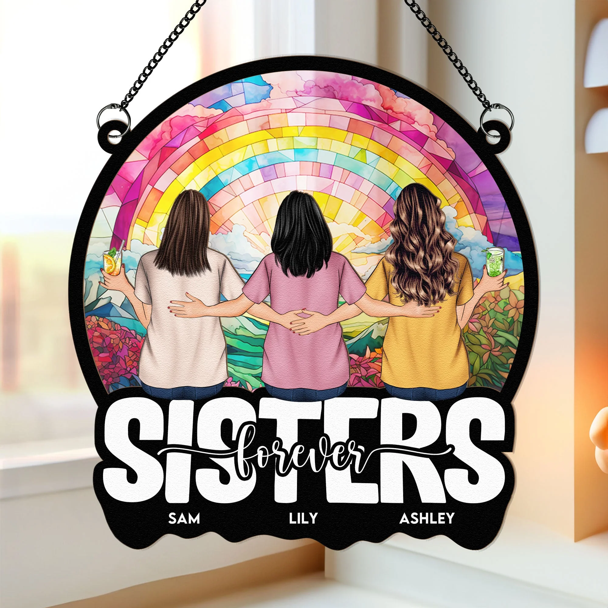 Sisters Forever – Personalized Wood and Acrylic Layered Ornament with Rainbow Design - Image 3