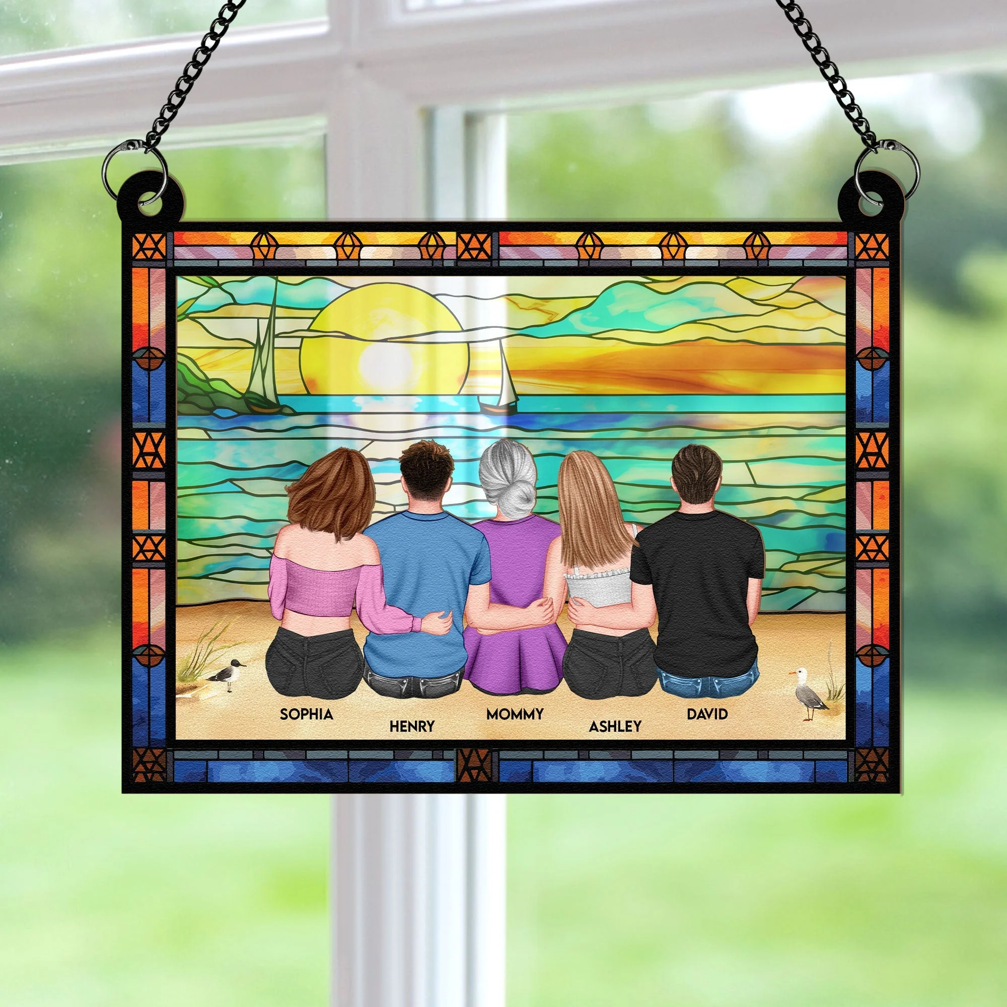 Wood & Acrylic Layered Ornament – Family Sunset by the Sea, Custom Gift for Mother & Siblings - Image 3