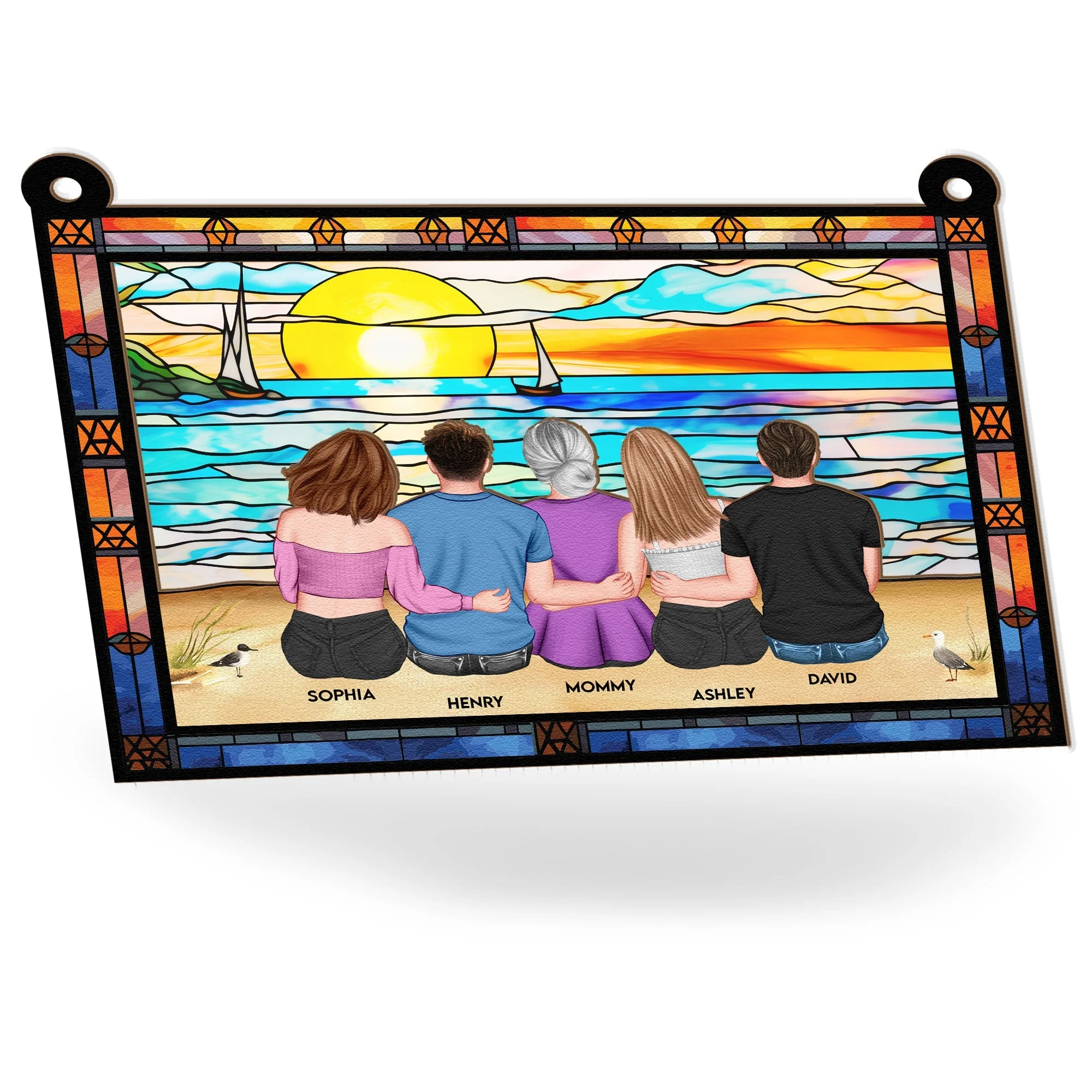 Wood & Acrylic Layered Ornament – Family Sunset by the Sea, Custom Gift for Mother & Siblings - Image 4