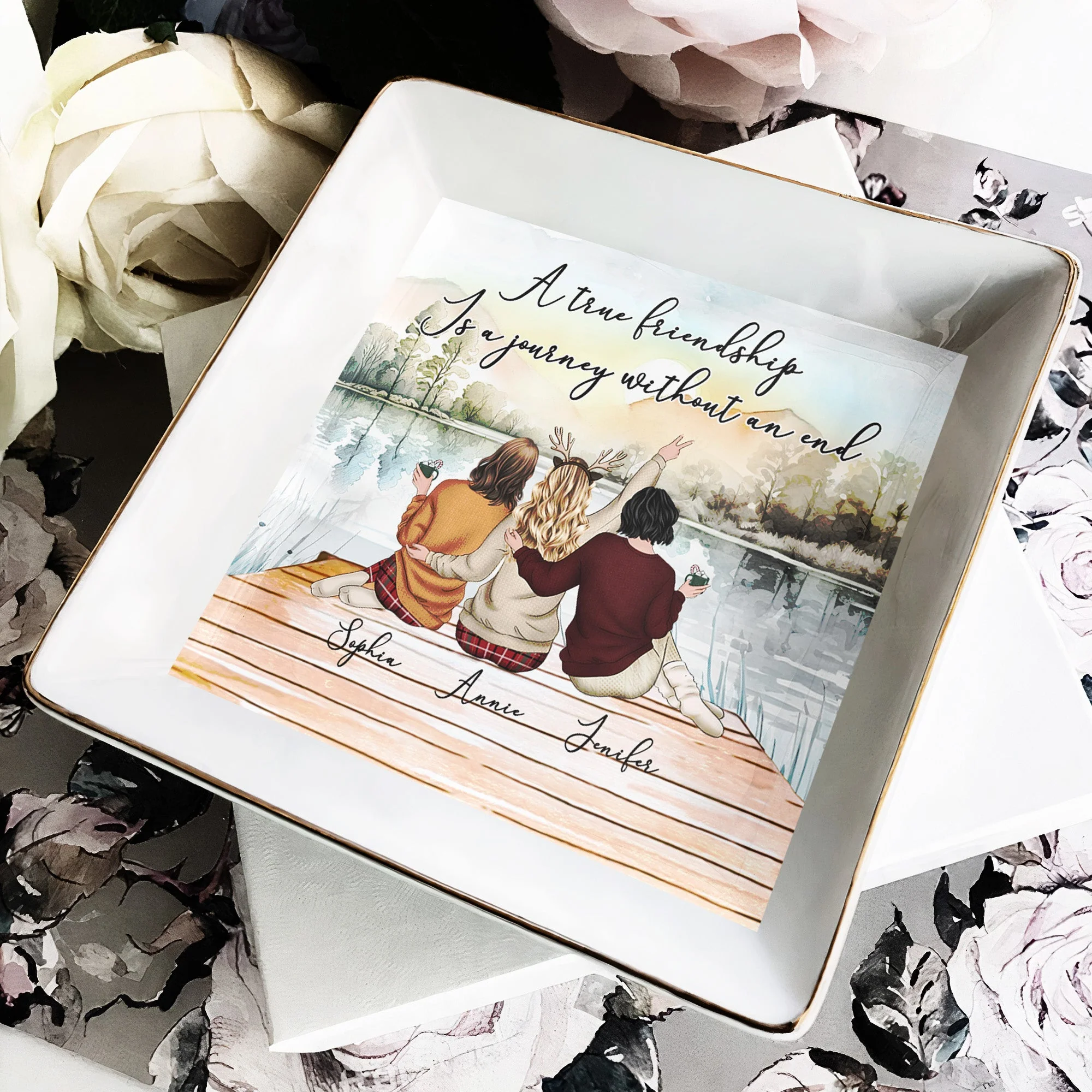 Lakeside Sisters Ceramic Jewelry Dish, “A True Friendship” Quote, Personalized Keepsake Gift for Siblings - Image 4