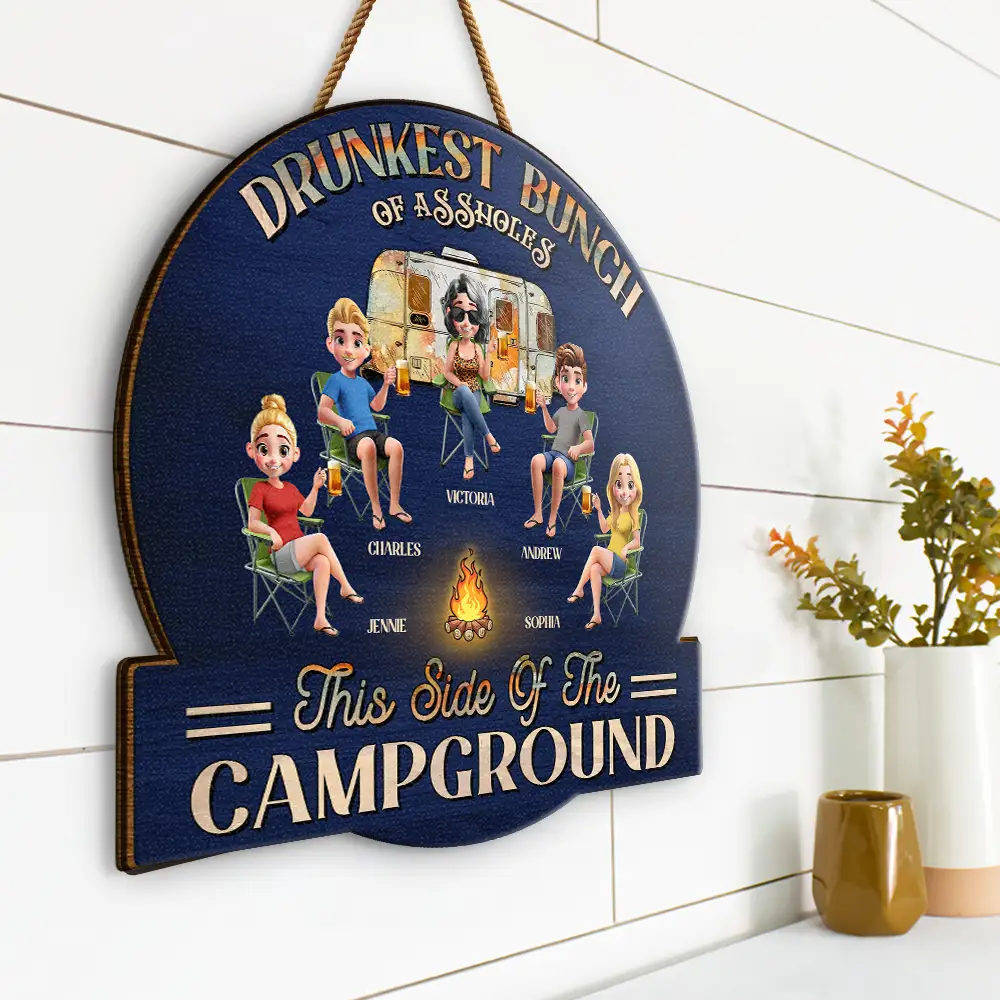 Wooden Sign – “We’re Not Alcoholics, We’re Drunks, We Go Camping” Fire-Pit Cartoon, Custom Gift for Siblings - Image 4