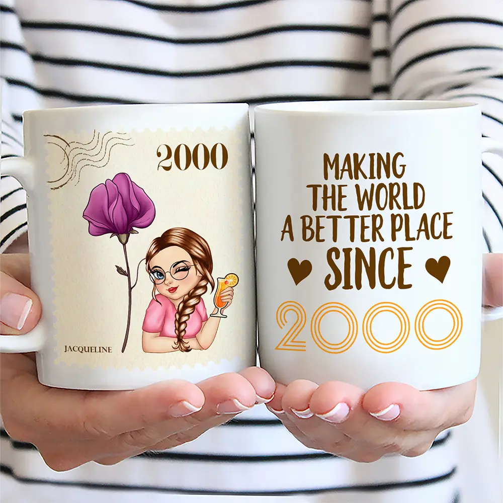 Making the World a Better Place – Personalized White Ceramic Mug with Birth Year and Cartoon Girl - Image 4