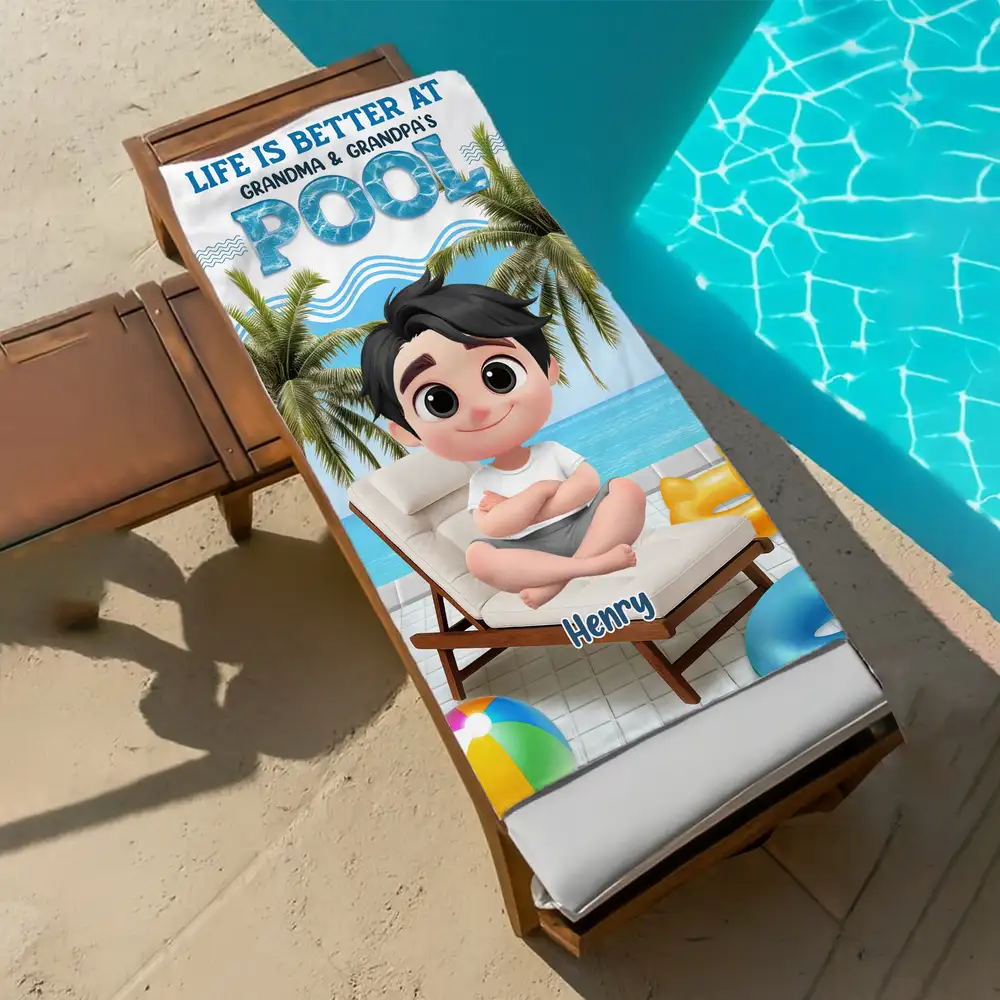 Custom Beach Towel for Grandchildren – Poolside Lounge Design, Gift from Grandma & Grandpa - Image 2