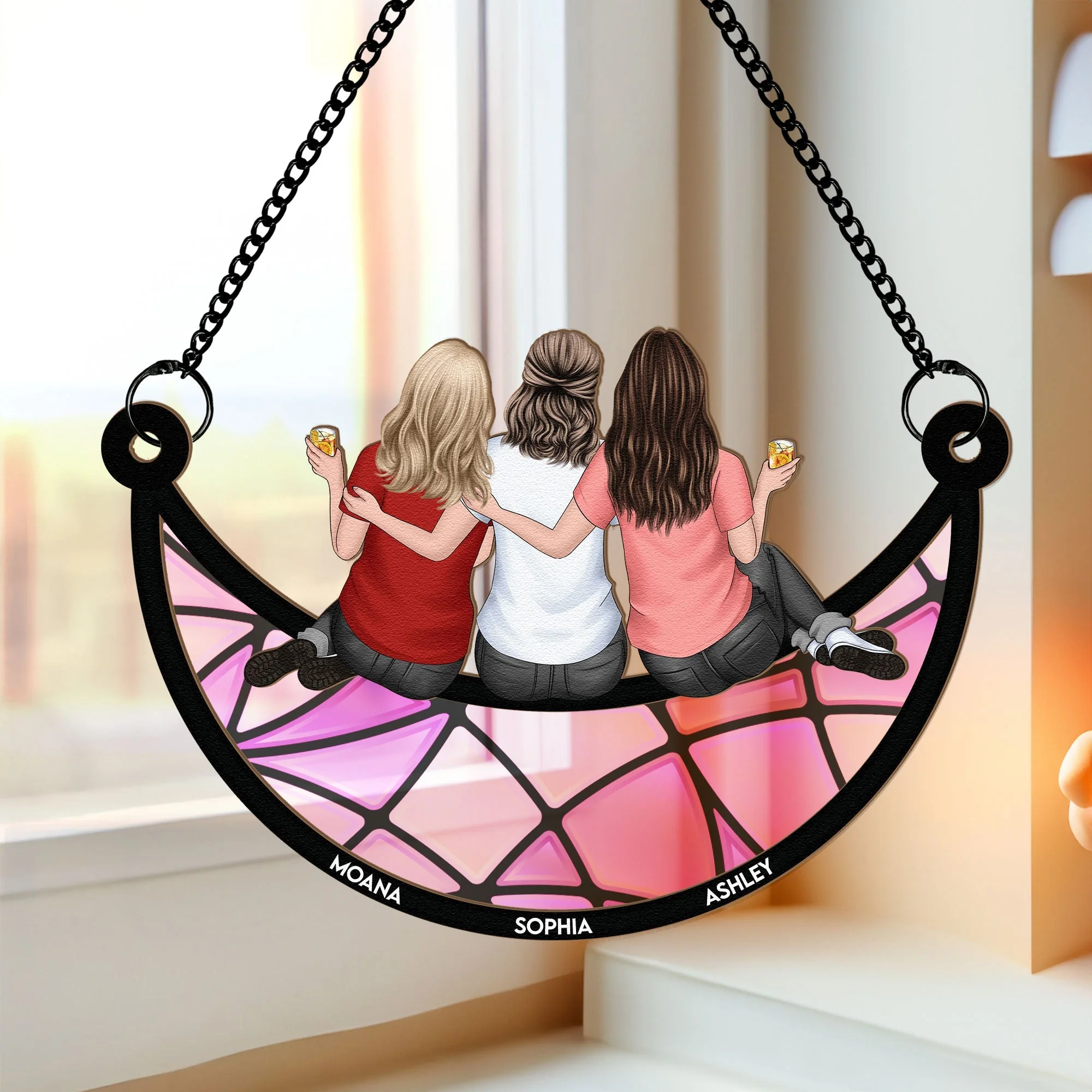 Back View Girls on Moon – Custom Friendship Ornament with Names and Outfits - Image 3