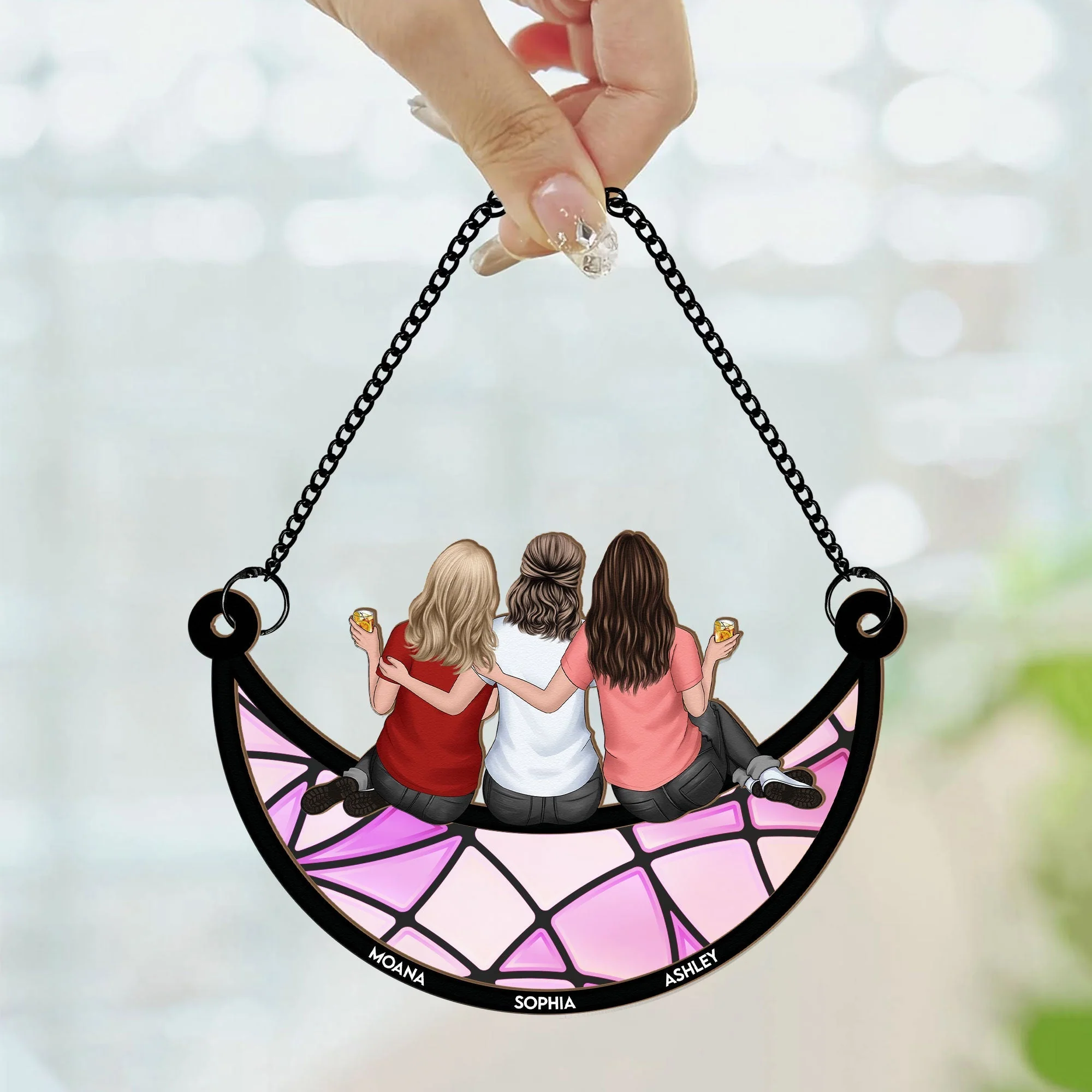 Back View Girls on Moon – Custom Friendship Ornament with Names and Outfits - Image 5