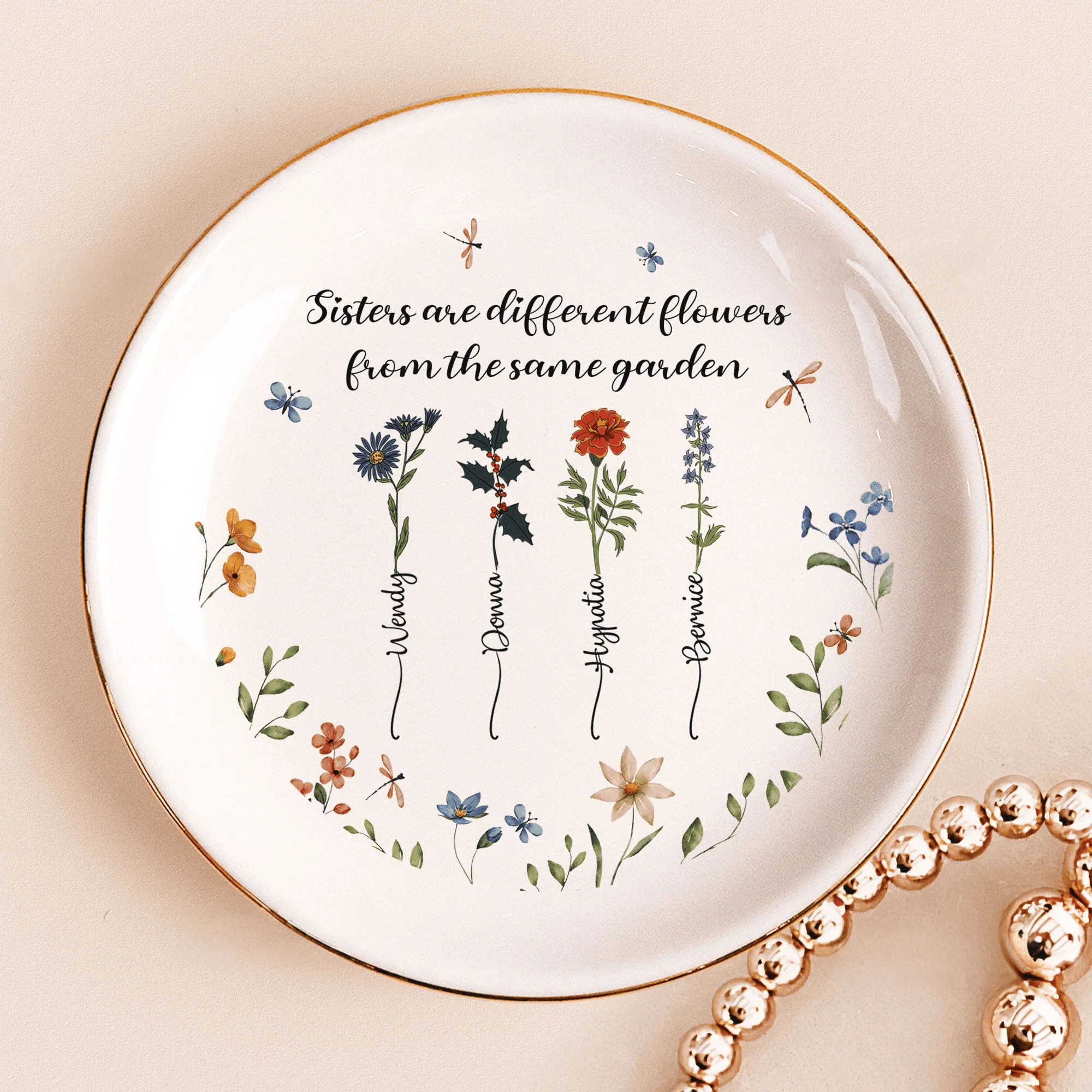 Sisterhood Forever - Custom "Sisters are Different Flowers from the Same Garden" Round Jewelry Dish, Heartwarming Gift for Sisters - Image 5