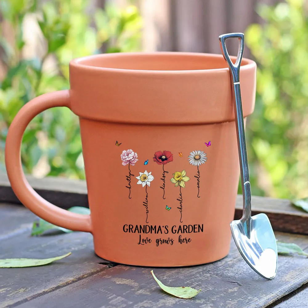“Grandma’s Garden” Personalized Plant Pot Mug – Custom Gift for Grandma, Floral Design