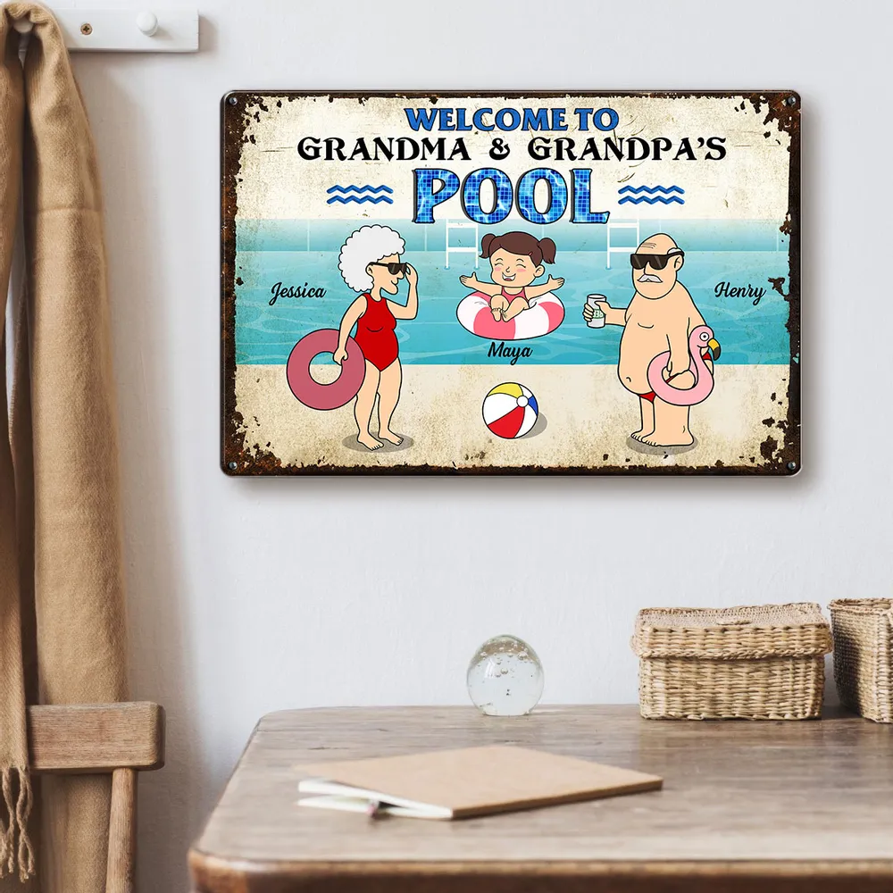 Funny Cartoon Welcome To Grandma Grandpa Pool Personalized Metal Sign