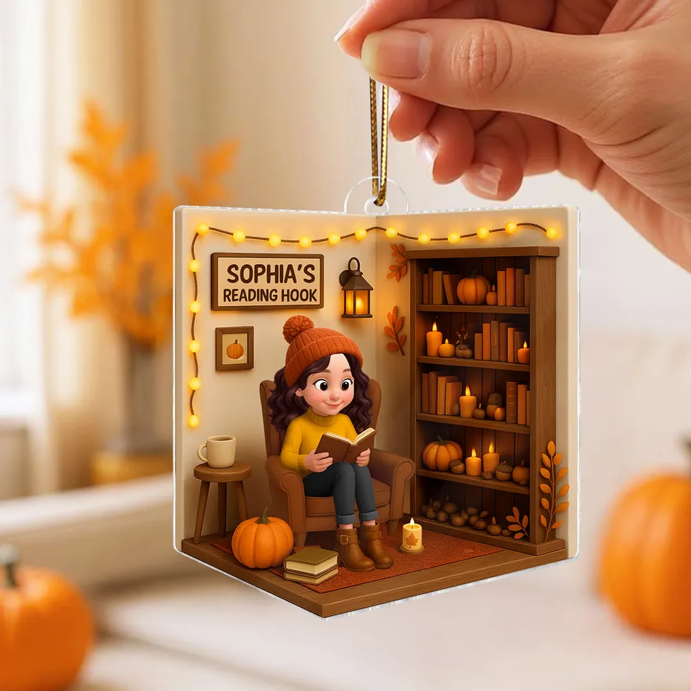 Cozy Autumn Reading Nook Personalized Ornament, Gift for Book Lovers, Creative Fall Gift for Her