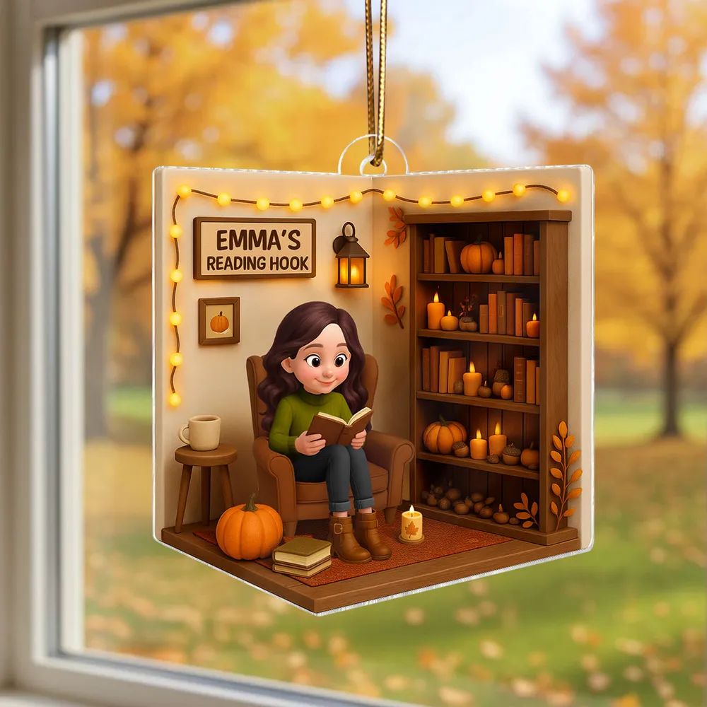 Cozy Autumn Reading Nook Personalized Ornament, Gift for Book Lovers, Creative Fall Gift for Her - Image 3
