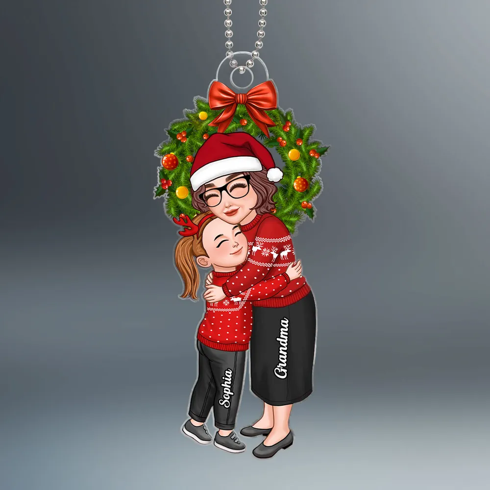 Grandma or Grandpa Hugging Grandchild Inside Wreath Personalized Ornament, Heartfelt Christmas Gift for Grandparents - Image 2