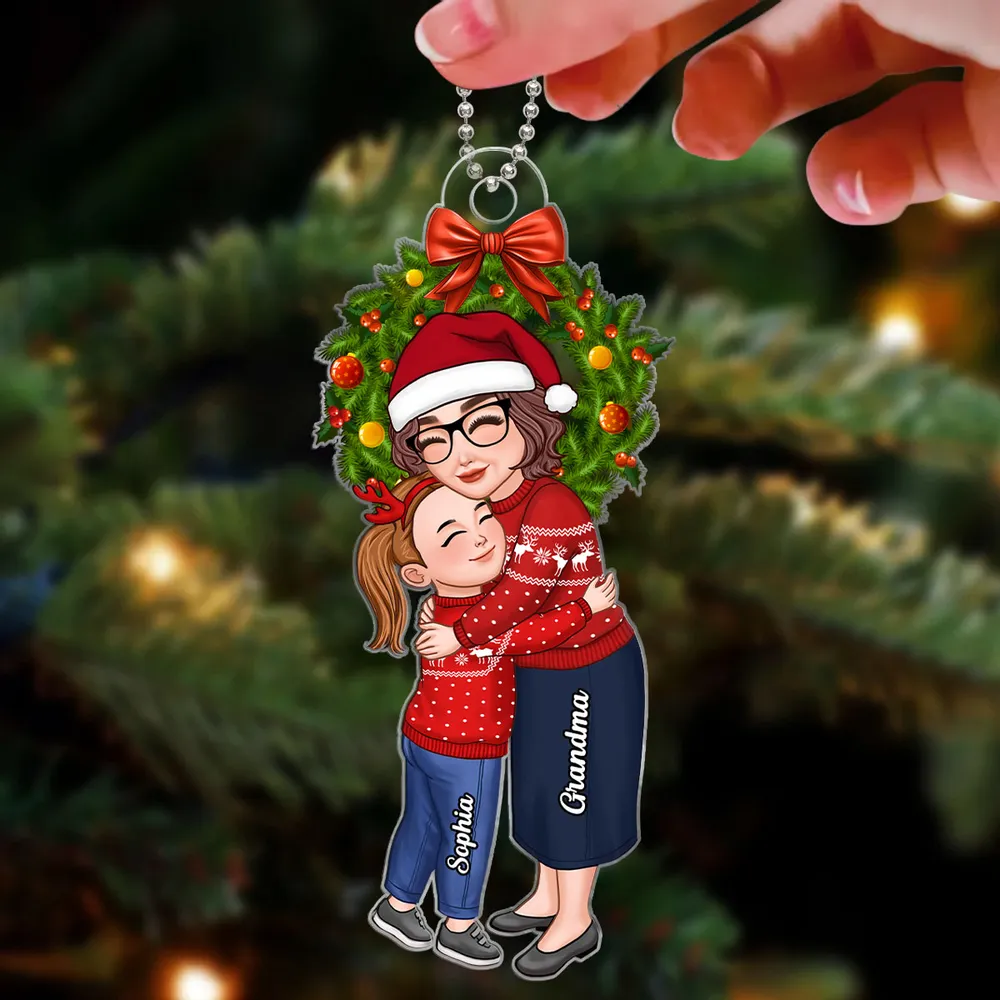 Grandma or Grandpa Hugging Grandchild Inside Wreath Personalized Ornament, Heartfelt Christmas Gift for Grandparents - Image 3