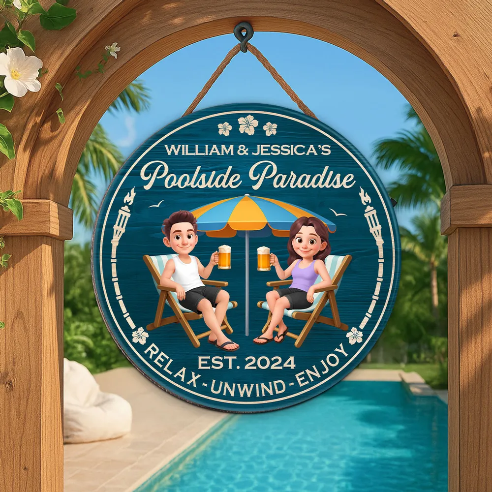 Poolside Paradise Wooden Sign – Personalized Couple Design, Romantic Backyard Gift for Lover - Image 3