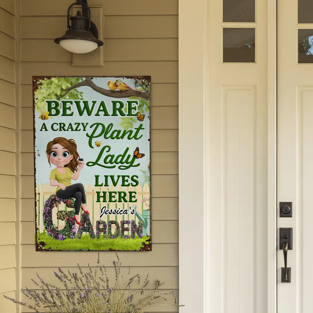 Beware A Crazy Plant Lady Garden Sign – Personalized Garden Decor for Plant Lovers - Image 3