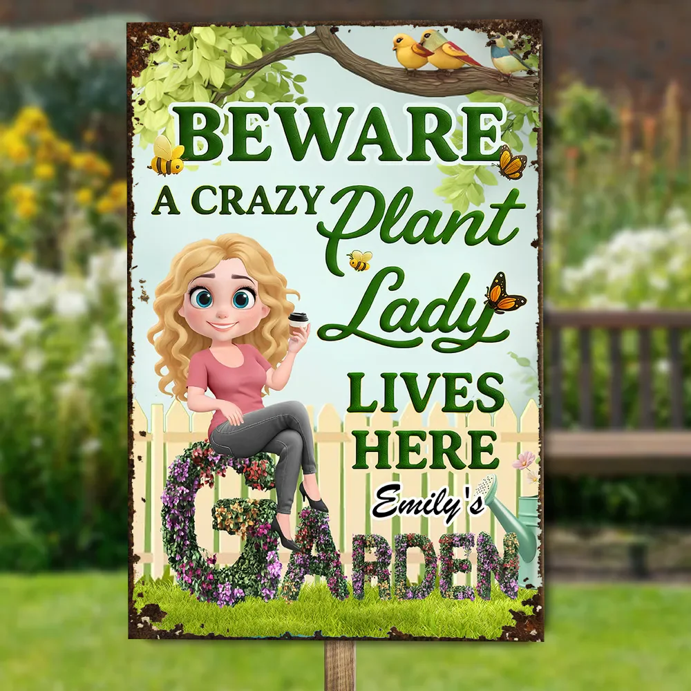 Beware A Crazy Plant Lady Garden Sign – Personalized Garden Decor for Plant Lovers - Image 4