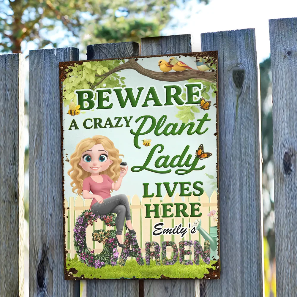 Beware A Crazy Plant Lady Garden Sign – Personalized Garden Decor for Plant Lovers - Image 5