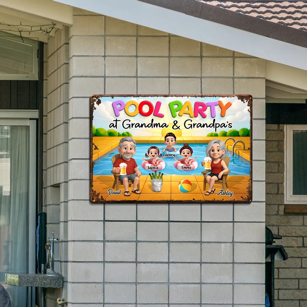 Summer Pool Party Vibes – Personalized Iron Sign with Family Illustration, Gift for Grandma & Grandpa - Image 3