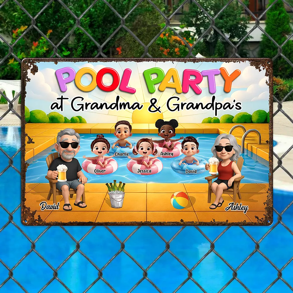 Summer Pool Party Vibes – Personalized Iron Sign with Family Illustration, Gift for Grandma & Grandpa - Image 4