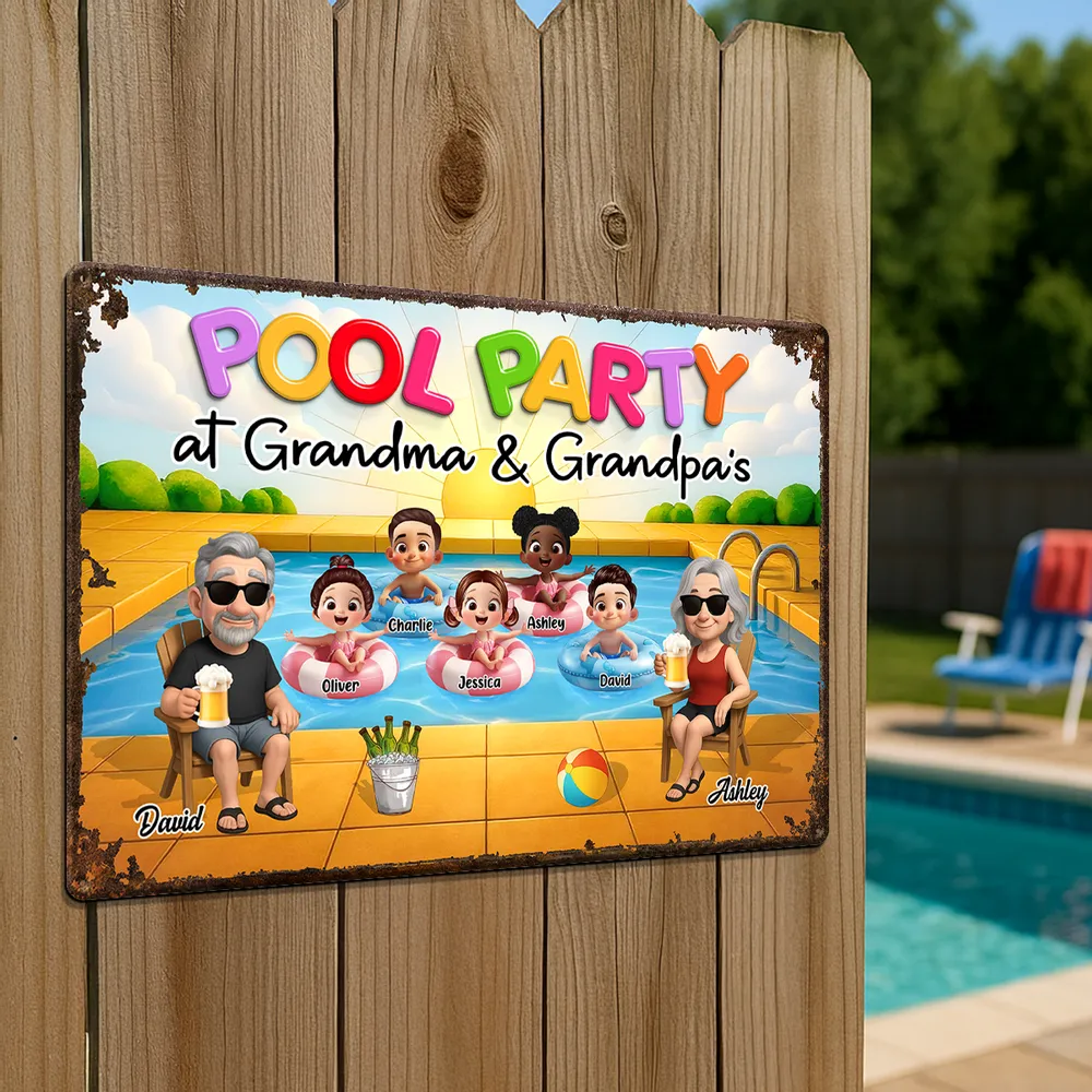 Summer Pool Party Vibes – Personalized Iron Sign with Family Illustration, Gift for Grandma & Grandpa - Image 5