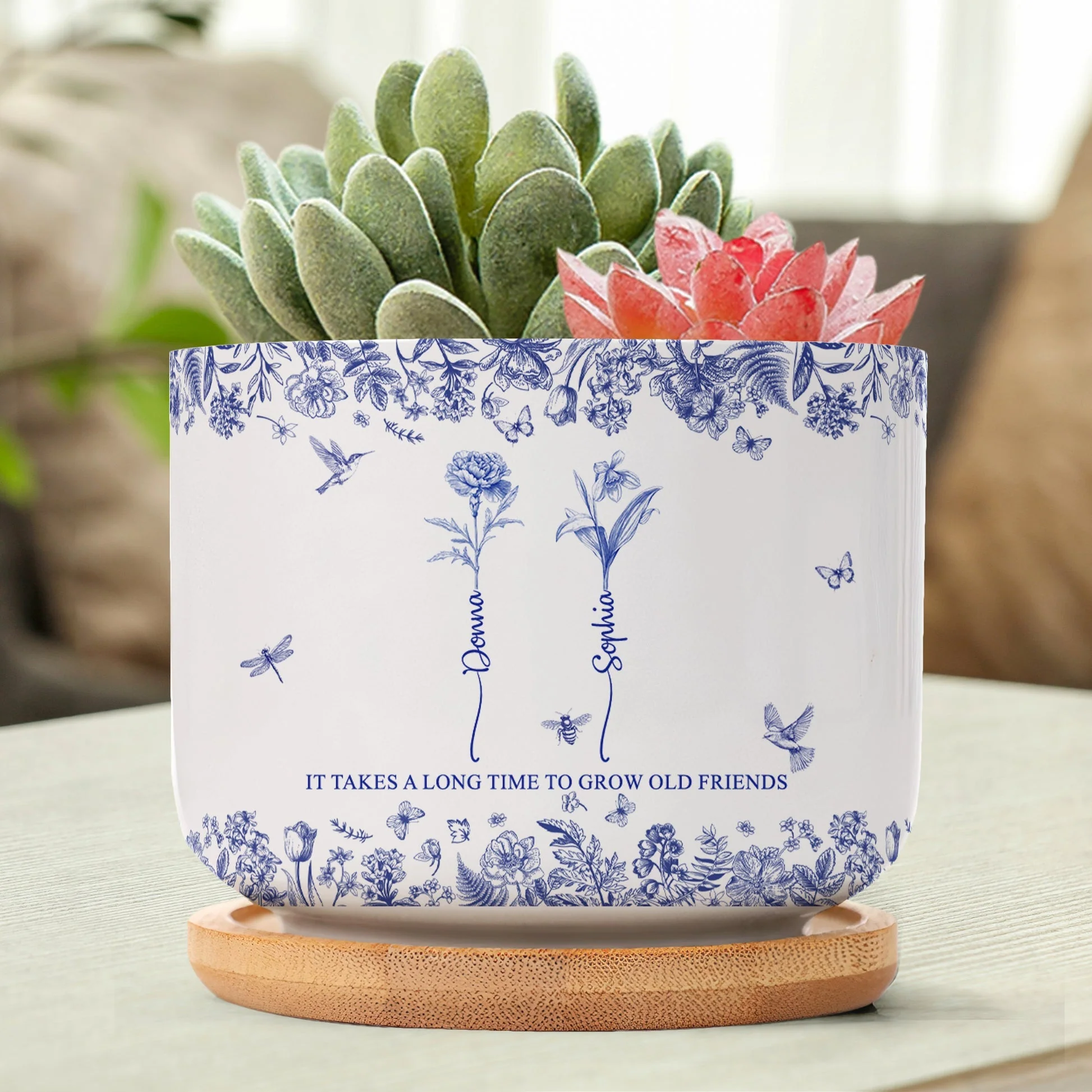 Custom Ceramic Flower Pot for Best Friends – 'It Takes a Long Time to Grow Old Friends' Quote with Name & Floral Design - Image 2