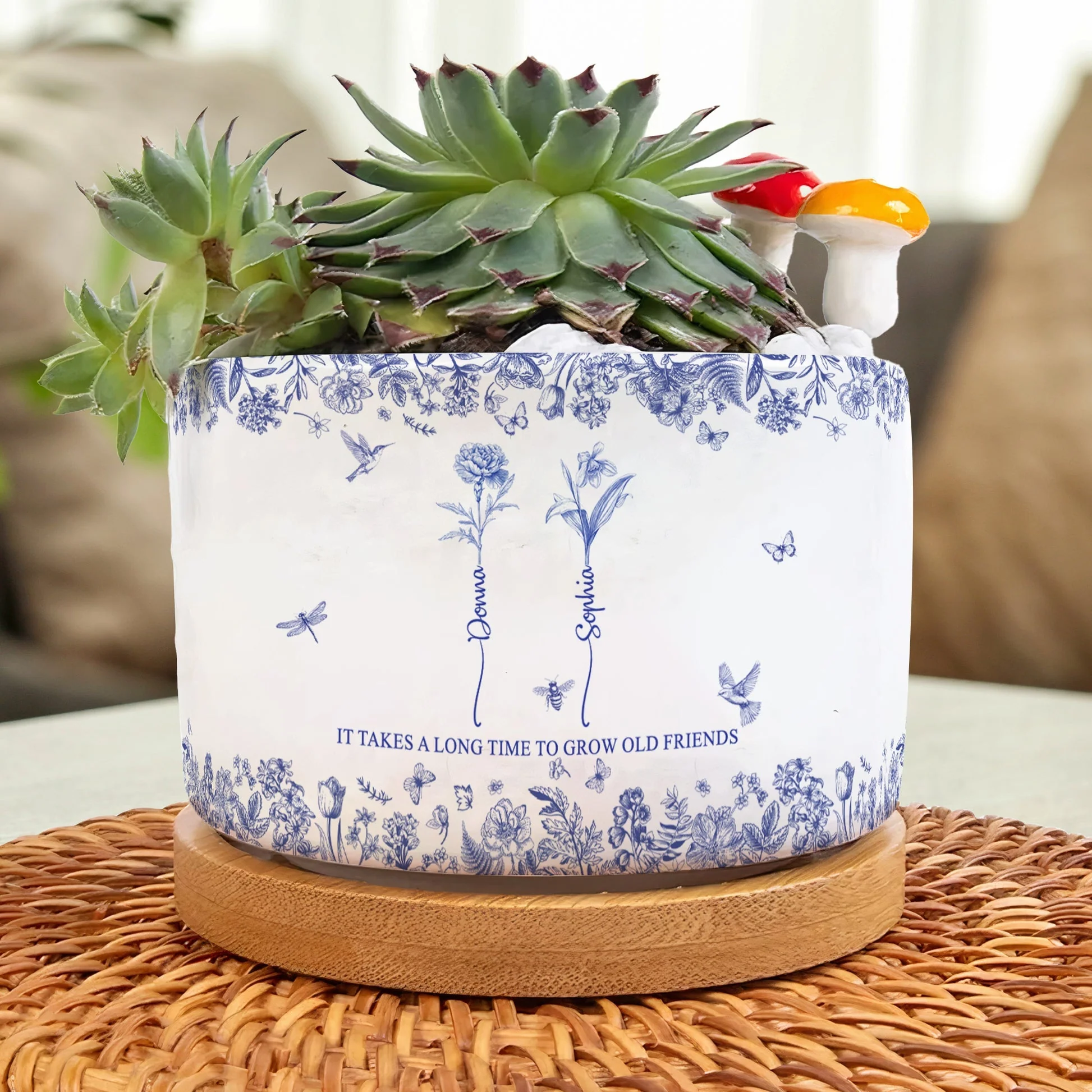 Custom Ceramic Flower Pot for Best Friends – 'It Takes a Long Time to Grow Old Friends' Quote with Name & Floral Design - Image 3