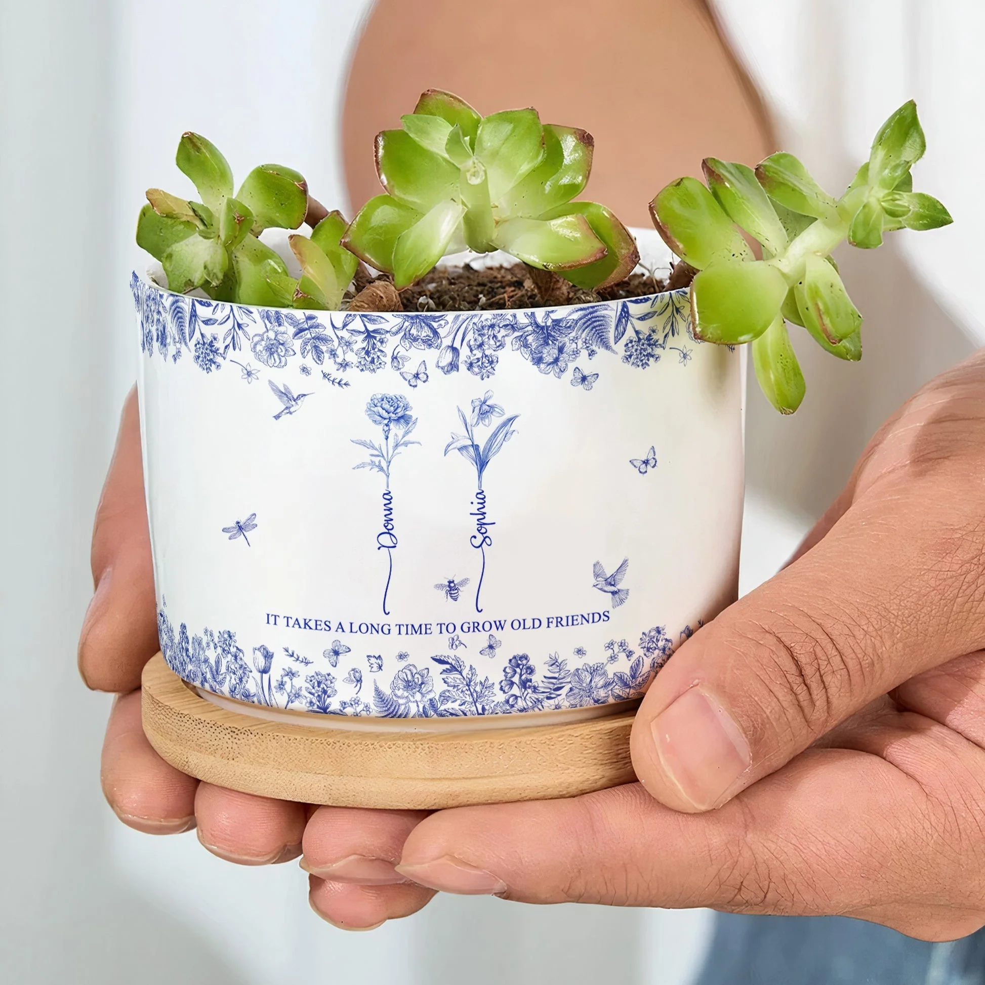 Custom Ceramic Flower Pot for Best Friends – 'It Takes a Long Time to Grow Old Friends' Quote with Name & Floral Design - Image 6