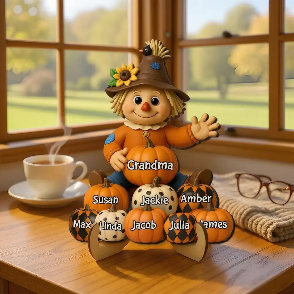 2-Layer Wooden Plaque with Scarecrow and Pumpkin Theme, Personalized Grandma & Family Keepsake Gift
