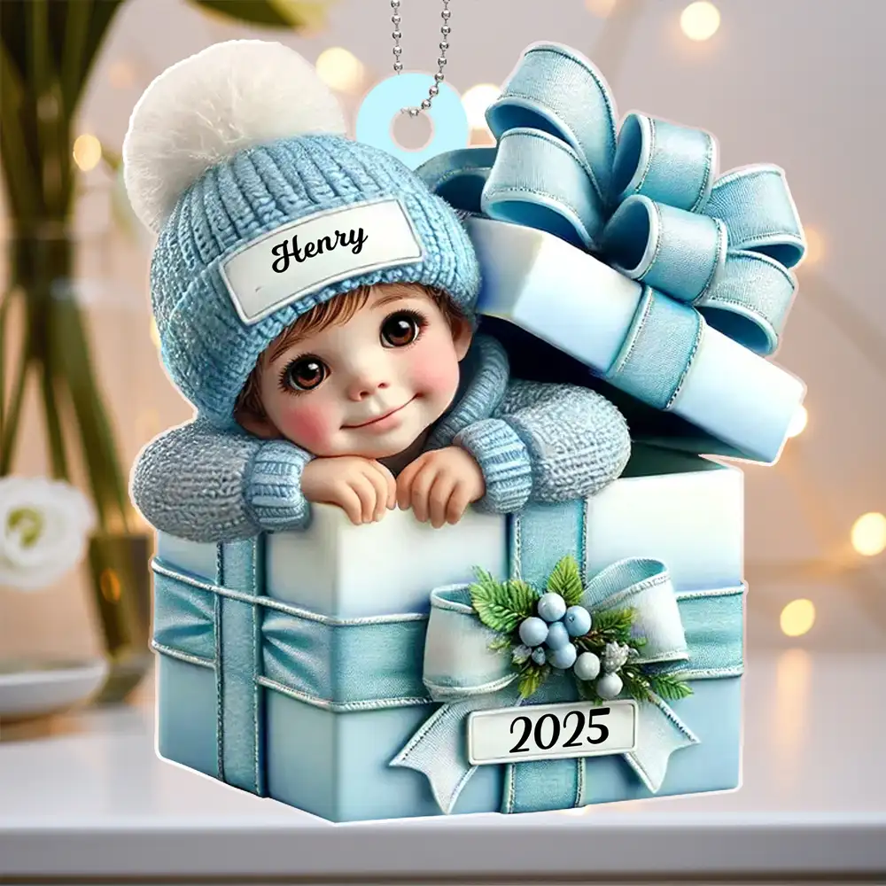 Acrylic Ornament - Personalized Christmas Keepsake Featuring Baby in Gift Box, Grandchild Holiday Gift Idea - Image 2
