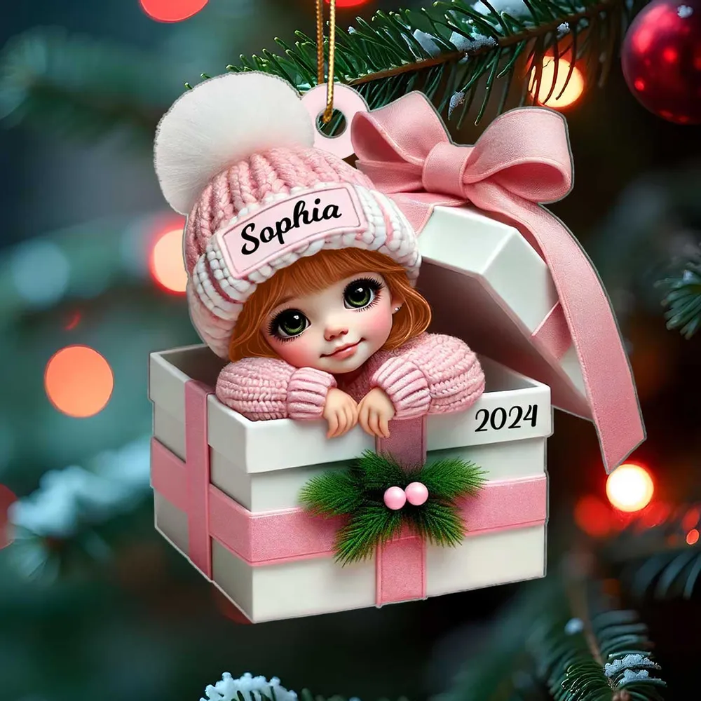 Acrylic Ornament - Personalized Christmas Keepsake Featuring Baby in Gift Box, Grandchild Holiday Gift Idea - Image 6