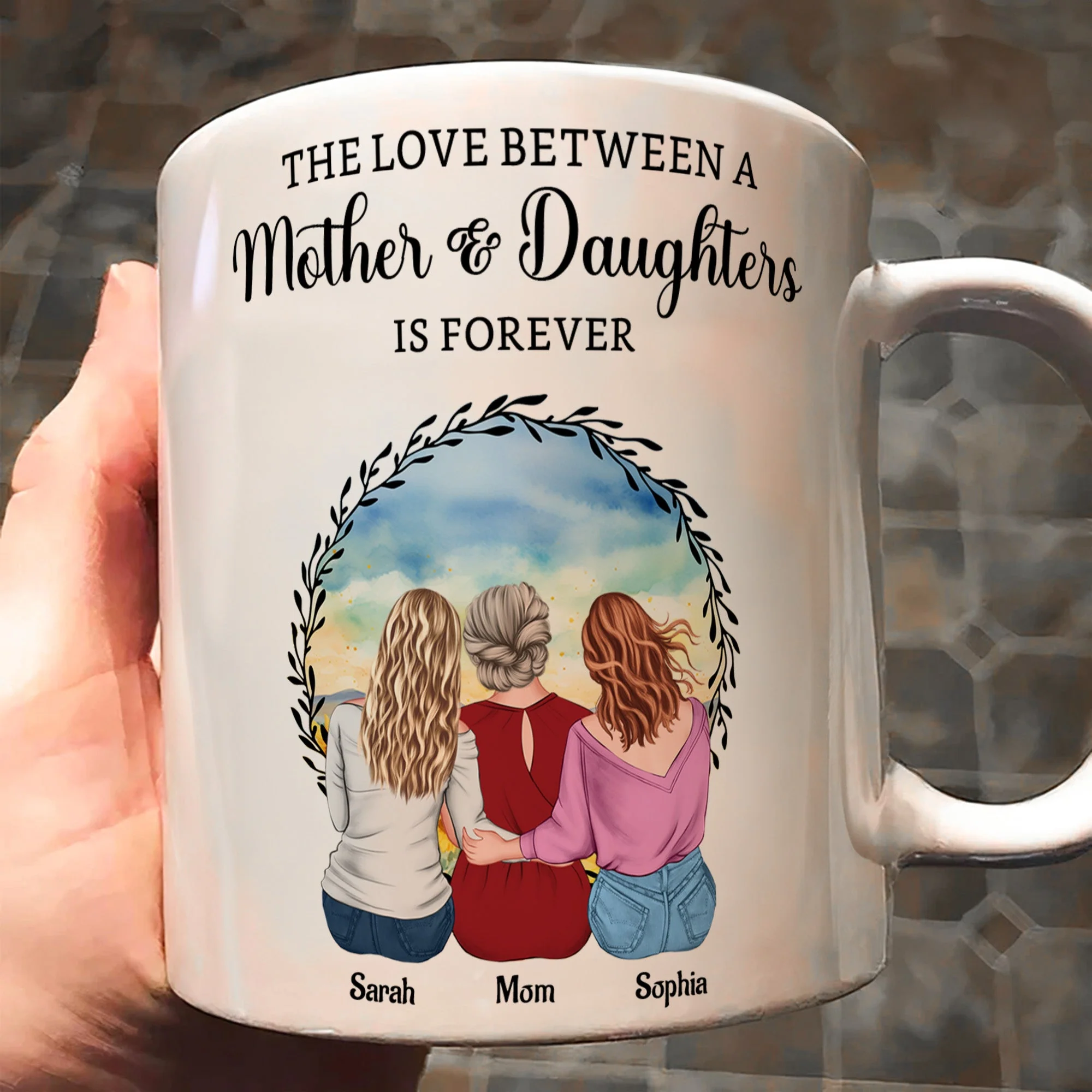 “The Love Between a Mother & Daughters” Birth Moon Ceramic Mug, Personalized Gift for Mom or Daughter