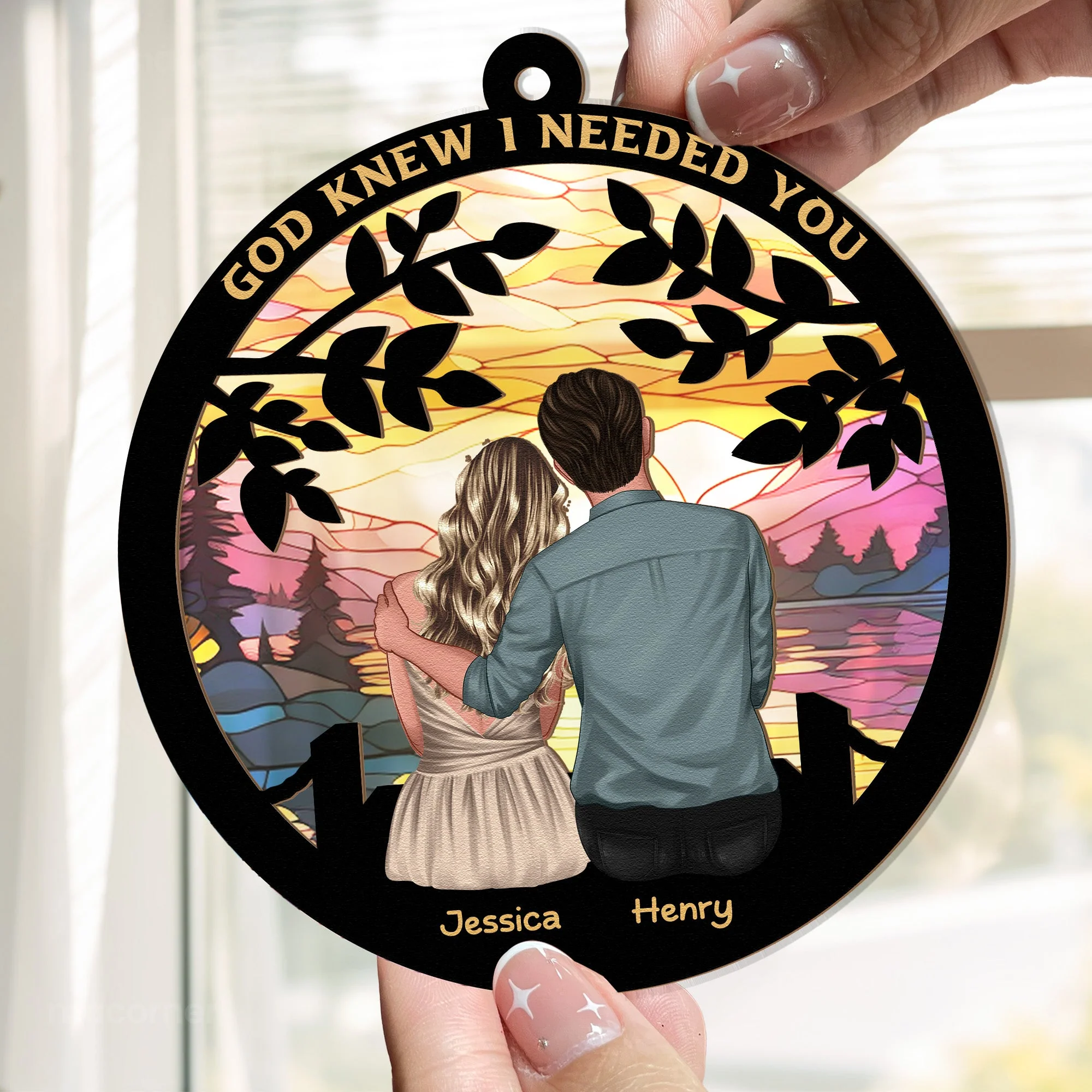 God Knew I Needed You Sunset Lake Wood and Acrylic Layered Ornament – Romantic Gift for Couples - Image 3