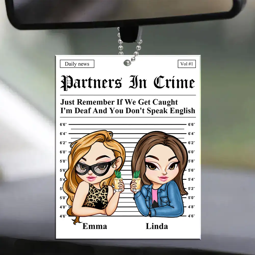 Partners In Crime Mugshot Acrylic Ornament – Funny Personalized Gift for Best Friend or Sister - Image 2
