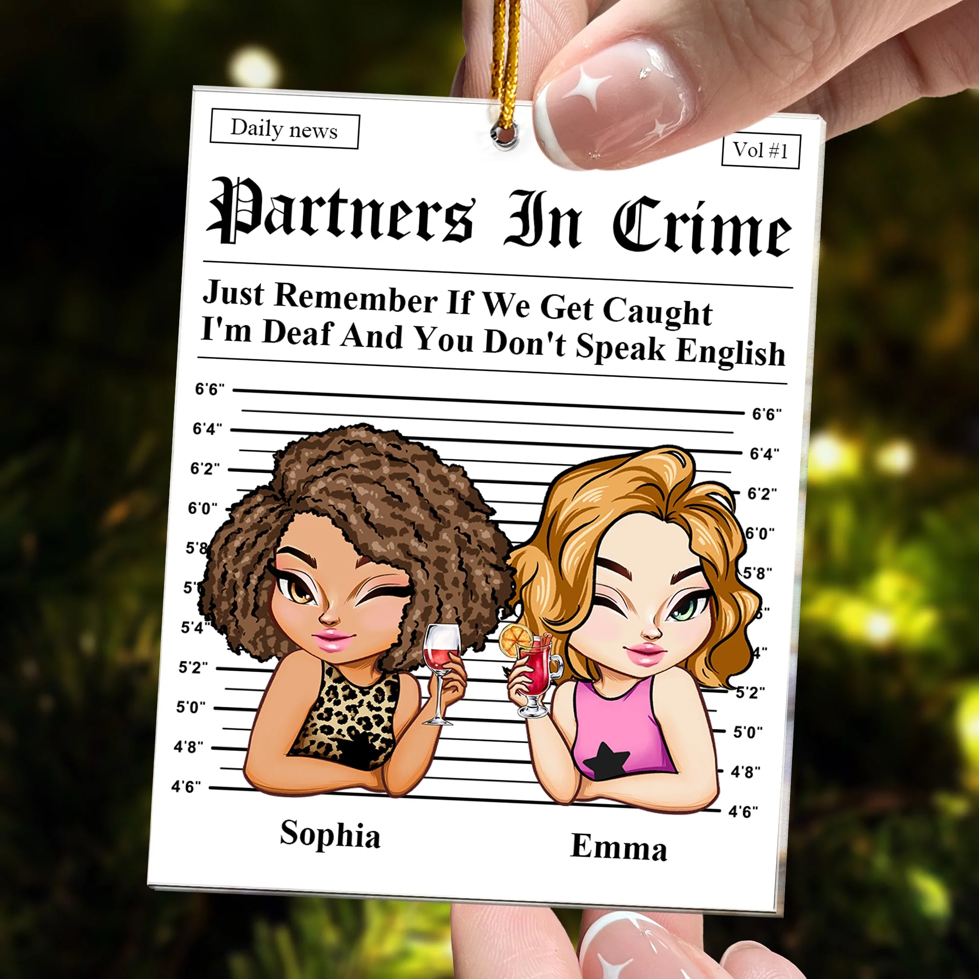 Partners In Crime Mugshot Acrylic Ornament – Funny Personalized Gift for Best Friend or Sister - Image 5