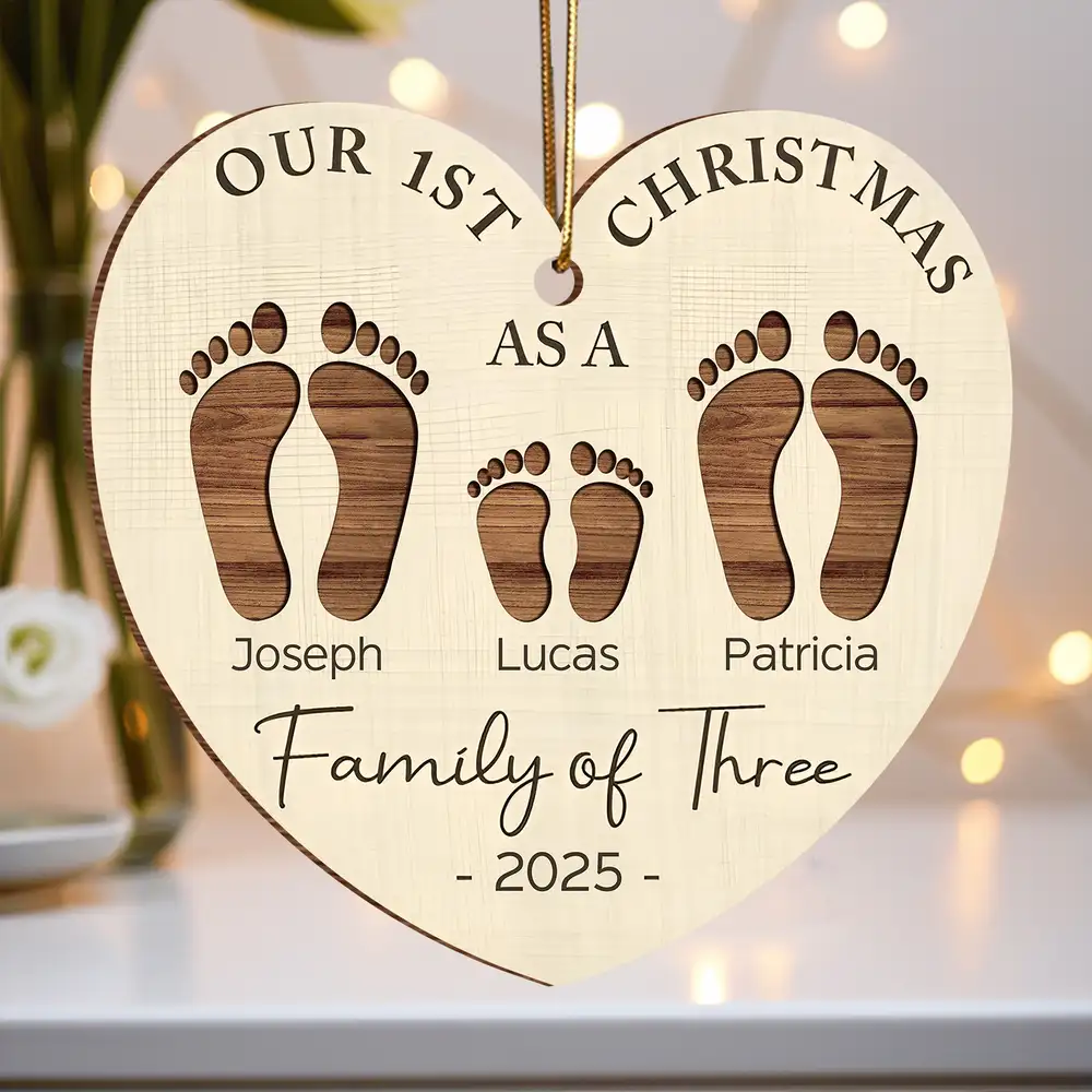 Our First Christmas As a Family – Personalized Wooden Ornament for Parents with Footprint Design, Heartfelt Gift for Loved Ones