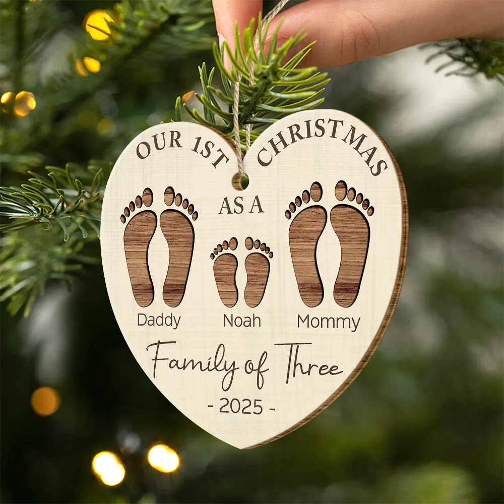 Our First Christmas As a Family – Personalized Wooden Ornament for Parents with Footprint Design, Heartfelt Gift for Loved Ones - Image 3