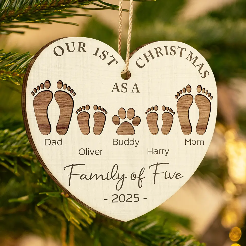 Our First Christmas As a Family – Personalized Wooden Ornament for Parents with Footprint Design, Heartfelt Gift for Loved Ones - Image 4