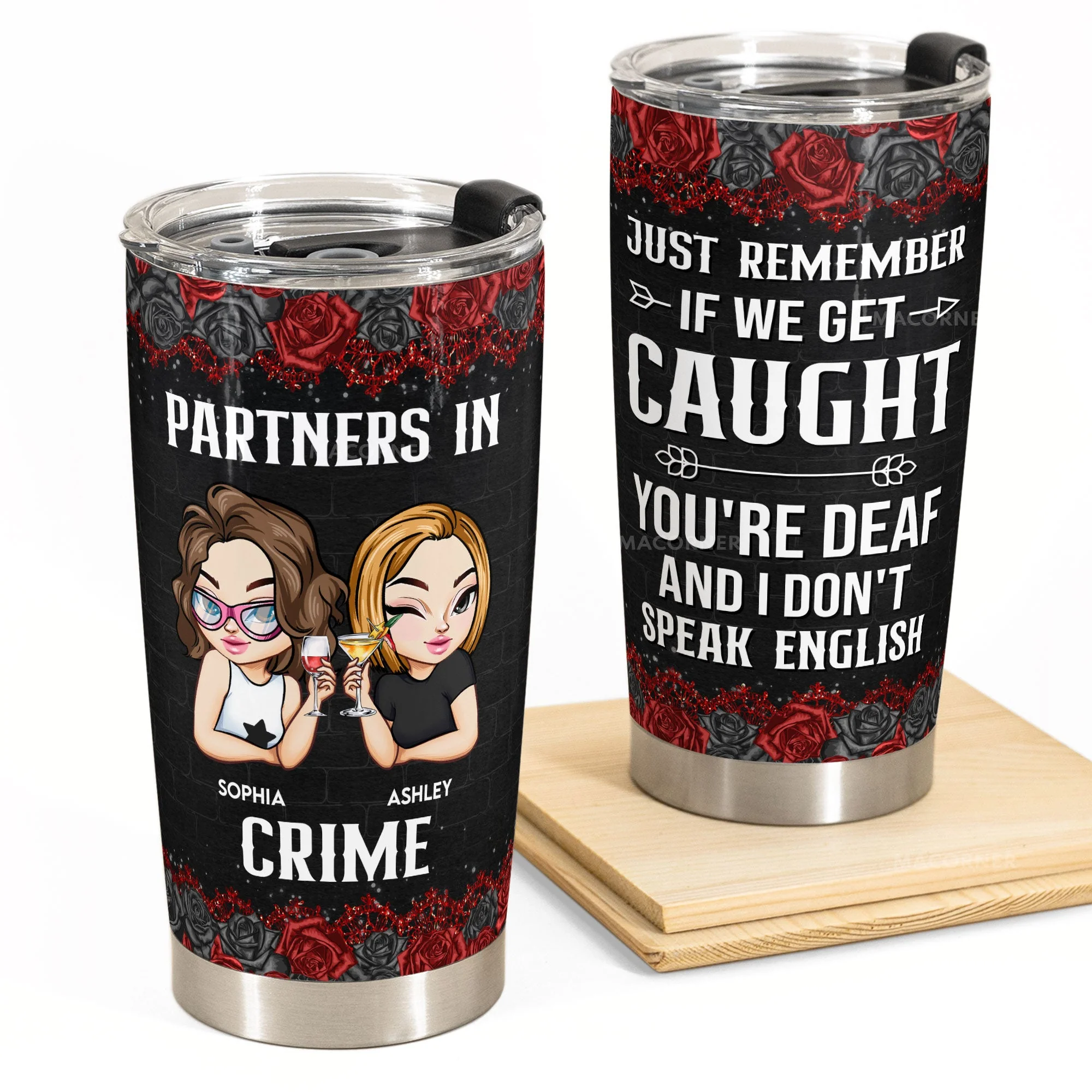 Partners In Crime Insulated Travel Tumbler – Funny Best Friend Gift With Cartoon Girls & Roses, Just Remember If We Get Caught Quote - Image 3