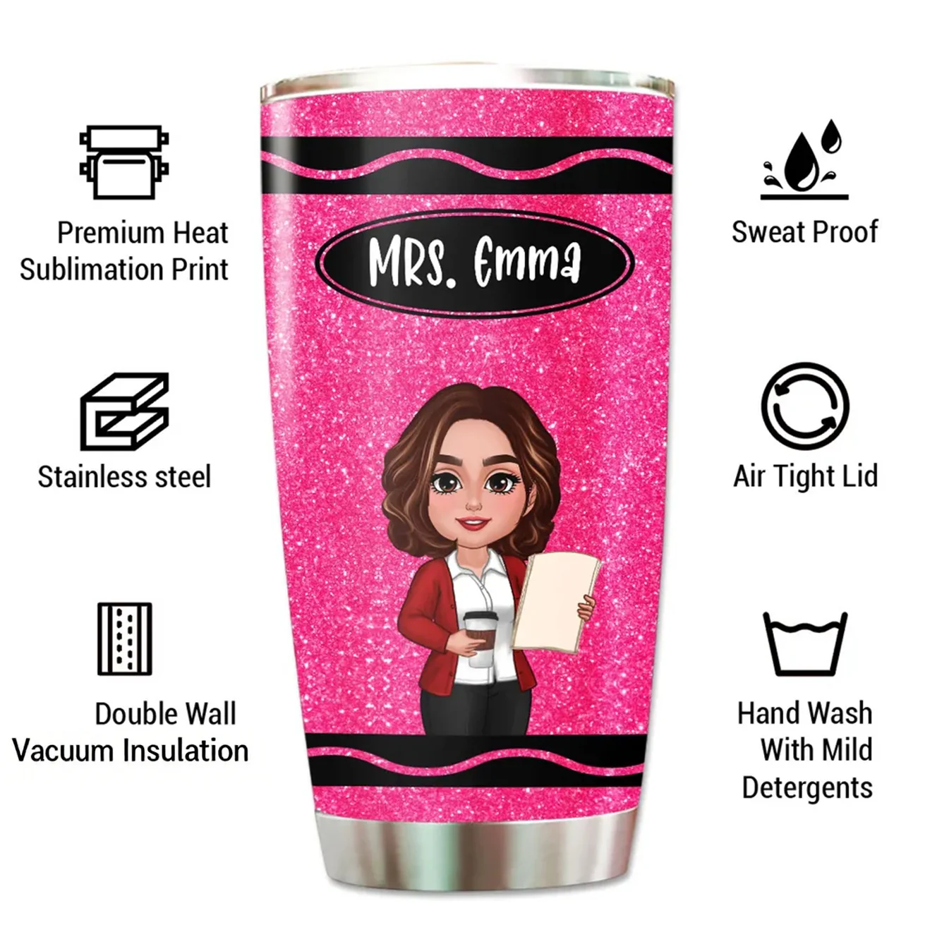 Custom Teacher Travel Mug – Personalized Glitter Tumbler for Teachers (Not Real Glitter) - Image 8